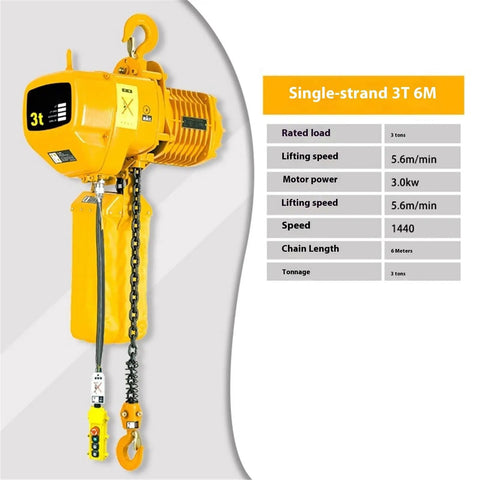 Built Tough 3 Ton Electric Hoist Chain Type Gantry Crane With Rock Solid Roof Beam Mounting Brackets No Sweat Heavy Lifting Kit showcasing yellow hoist, 6-meter chain, and control switch.