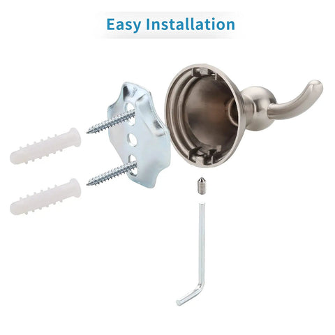 Brushed Nickel Wall Mount Towel Hooks Set, Traditional Robe And Towel Hooks For Bathroom, wall mount installation hardware