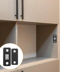 Magnetic Cabinet Door Catches Set, 12 Pieces, Black Stainless Steel, Easy Install For Sliding Wardrobe Doors And Drawers, Cupboards And Closets, Strong Hold, Quiet Latch System, showing latch mechanism on cabinet door.