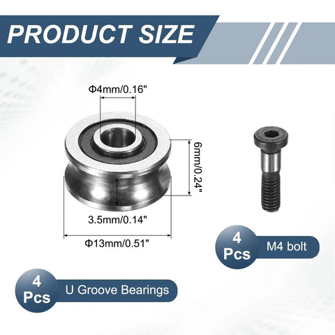 4 Pcs U Groove Bearings 4x13x6mm Rail Ball Bearings Groove Guide Pulley Bearings Steel Replacement For Rail Track Linear Motion Systems In 3D Printing Projects ABEC1, 4x13x6mm bearing with M4 bolt