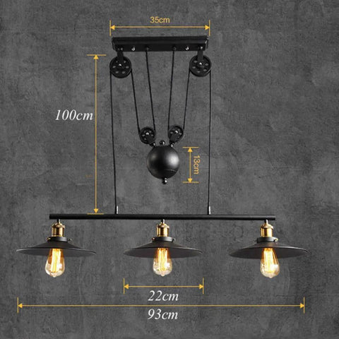 Drop Dead Modern Industrial Chandelier 3 Light Retractable Pulley Pendant For Farmhouse Kitchen Island Pool Table Bar Durable Retro Hanging Lamp with dimensions and sleek design.