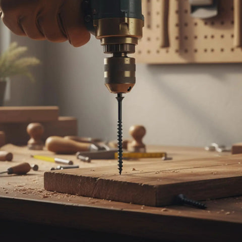 Top Shelf Number Eight By Two One Half Inch Drywall And Wood Screws in use with drill on wooden plank, ideal for projects.