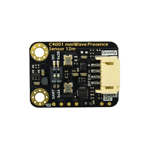 MmWave Presence Sensor C4001 24GHz Human Detection module with I2C and UART ports, compact black circuit board for smart setups.