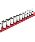3/8 Inch Drive Shallow 6-Point Socket Set With Rail, 12-Piece, 8-19 mm Metric Range, chrome sockets on a red rail