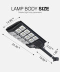 Dimensions of 1000W Solar Street Light With 60000 Lumens, 456 LEDs, showing lamp body size and mounting arm.