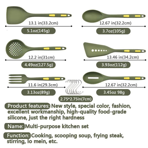 Heavy Duty Silicone Kitchen Utensil Set With Hooks 7 Piece Nonstick Heat Resistant Slotted Spoon Spatula Stirring Fork Spoon Dark Green Durable Kitchen Tools For Cooking And Meal Prep