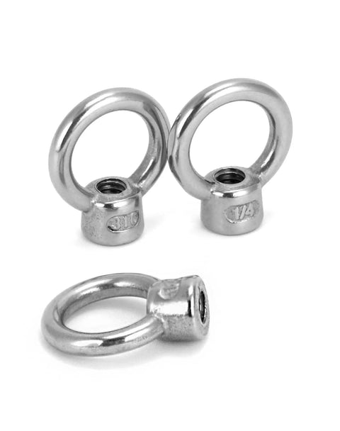 Lifting Eye Nut 10 Pack One Quarter Inch UNC Marine Grade Stainless Steel 316 Beefy Heavy Duty Rigging Gear displayed in three pieces