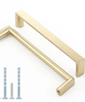 Gold 5 Inch Cabinet Handles Square Brushed Brass Pulls For Kitchen Cabinets Dressers Closets And Wardrobes Built To Last Zinc Alloy Hardware 10 Pack Heavy Duty With Timeless Finish showing two handles and screws.