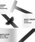 Heavy Duty Nylon Cable Tie Buckle Kit With Flush Cutter Double Sided Self Lock close-up showing T-head, anti-drop, and anti-slip features