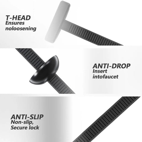 Heavy Duty Nylon Cable Tie Buckle Kit With Flush Cutter Double Sided Self Lock close-up showing T-head, anti-drop, and anti-slip features