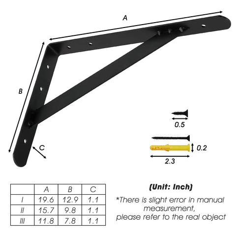 Diagram of Beefy 20 Inch Heavy Duty Black Countertop Support Brackets For Wall Mounted Shelving And Bar Tops with measurements.