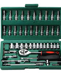 47-Piece Green Repair Tool Set with Badass Dual Component Rubber Grip and Quick Release Reverse Switch for Boss-Level Home Fixes Compact and Slick Indoor-Outdoor Portable Box That Fits Any Shelf, including various socket sizes.