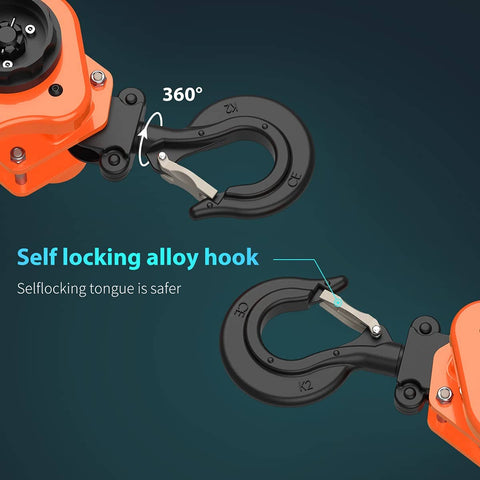 Lever Chain Hoist Three Quarter Ton Capacity With G80 Grade Chain Ten Ft Lift Built Tough For Lifting Strapping Bundling And Dragging CE Certified Safe And Durable With Smooth Action showing self-locking alloy hook.