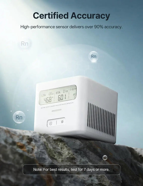 Digital Radon Detector For Basement Air Testing And Indoor Safety With Instant Readouts displaying readings on a rock surface.