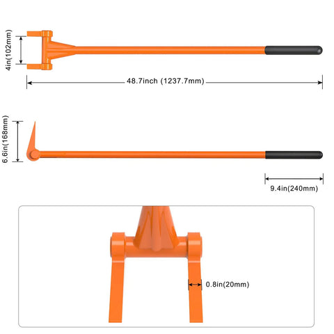 Heavy Duty Pallet Breaker With 48 Inch All Steel Handle Built Tough Fully Welded Pallet Buster Industrial Deck Board Removal Tool Non Slip Grip Pry Bar For Easy And Effortless Board Removal, measurements shown.