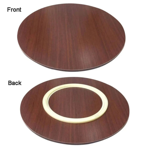 Smooth Spinning Wooden Lazy Susan Serving Tray Featuring Silent Bearing Technology, top view and bottom with roller mechanics, 16 inch size.
