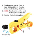 Coax Cable Crimp Kit For RG6 RG59 RG11 With Adjustable Crimp Tool And Stripper shown with stripping positions and cutter port.