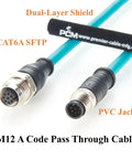 M12 A Code 8 Pin Male To Female Extension Cable With Front Panel Bulkhead Mount IP67 Shielded CAT6A Pro Grade Industrial Ethernet For Sensors, Robotics, Machine Vision And Automation 0.3m, teal PVC jacket