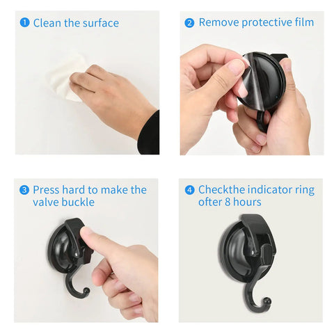 Installation steps for No Drill Wreath Cup Hook With Super Suction Hanger For Kitchen Bath And Restroom Black Plated