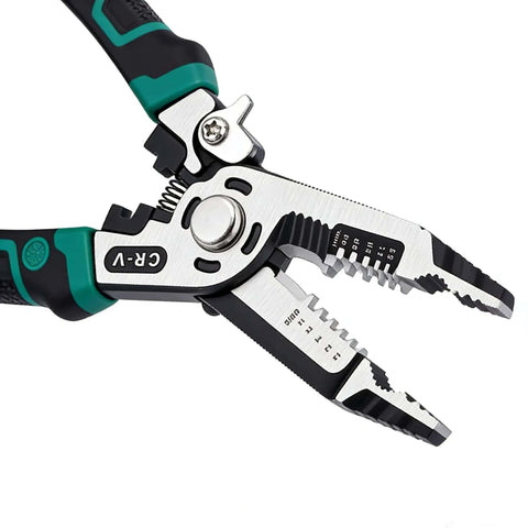 Close-up of 10 In 1 Wire Stripper Tool For Copper Aluminum And Steel Wires Heavy Duty Multifunction Cable Cutter with CR-V blades