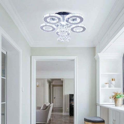 Ceiling view of Five Ring Crystal LED Ceiling Light Chandelier For Dining Room Kitchen And Bedroom Cool White 4500K Non Dimmable with stainless steel frame