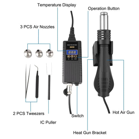 Digital Hot Air Rework Station Kit For SMD Rework And Desoldering With Precise Temperature Control, showing components like nozzles and tweezers.