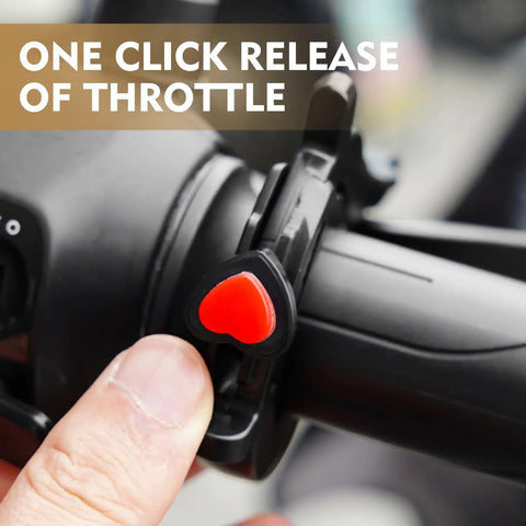 Universal Motorcycle Throttle Cruise Control Assist Anti Slip Grip Lock Clamp with red release button for easy throttle locking.