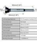 Master Crafted Tungsten Carbide Forstner Drill Bit 20Mm specifications showing cutting edge material and dimensions.