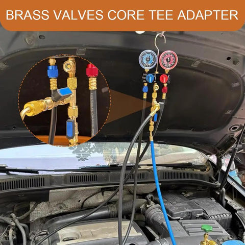 Two Pack Quick Connect AC Valve Core Adapter Tee With One Quarter Inch Brass Fitting for car AC service with gauges.