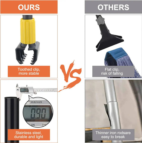Comparison of heavy duty commercial wet mop with toothed clip and stainless steel handle versus competitor's flat clip and thinner handle.