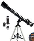 PowerSeeker 60AZ Telescope For Beginners With Manual Alt Azimuth Mount Compact Portable Refractor For Easy Sky Watching Includes Bonus Astronomy Software Package 60mm Aperture shown with tripod and accessories.