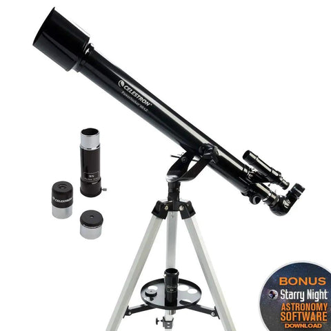 PowerSeeker 60AZ Telescope For Beginners With Manual Alt Azimuth Mount Compact Portable Refractor For Easy Sky Watching Includes Bonus Astronomy Software Package 60mm Aperture shown with tripod and accessories.