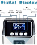 Digital display controls of Portable Automatic Countertop Ice Cube Maker Cranks Out Forty Eight Pounds Daily With Quick Ten Minute Rounds Self Clean Design.