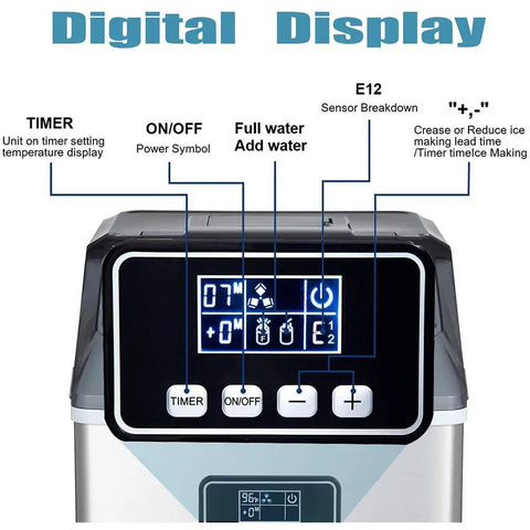 Digital display controls of Portable Automatic Countertop Ice Cube Maker Cranks Out Forty Eight Pounds Daily With Quick Ten Minute Rounds Self Clean Design.
