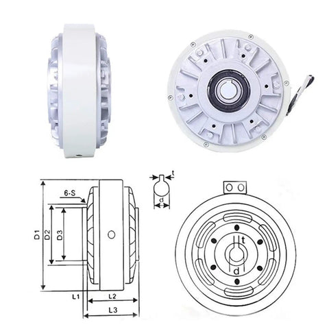 25Nm Magnetic Powder Brake With Hollow Shaft For Tension Control And Unwinding, Pro-Grade, technical diagram and components