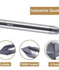 Heavy Duty Carbide V Groove Router Bit 60 Degree Chamfer End Mill 4 Flutes One Quarter Inch Shank Perfect For CNC Carving And High Speed Cutting Delivers Clean Surfaces And Precise V Chamfers with close-up views of carbide, TiAIN coating, and 4 flutes.