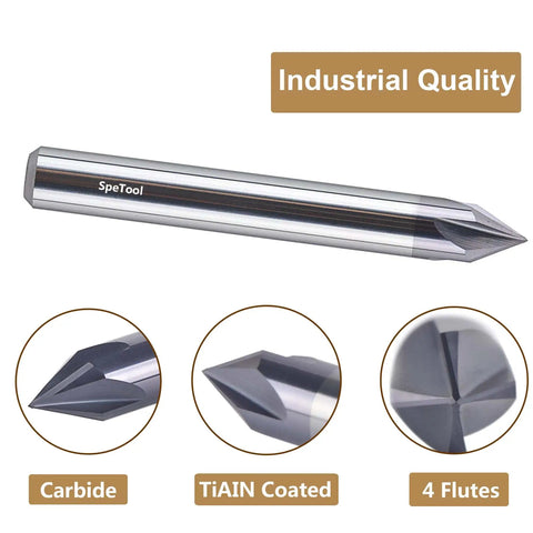 Heavy Duty Carbide V Groove Router Bit 60 Degree Chamfer End Mill 4 Flutes One Quarter Inch Shank Perfect For CNC Carving And High Speed Cutting Delivers Clean Surfaces And Precise V Chamfers with close-up views of carbide, TiAIN coating, and 4 flutes.