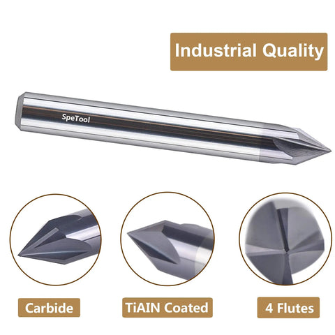 No Nonsense 5 Piece 60 Degree V Bit Bundle With A Quarter Inch Shank Four Fluted Carbide Milling Cutters Featuring Titanium Coating For Crushing Hardwood Projects And Clean V Groove Chamfer Work, showing carbide bit with TiAIN coating.