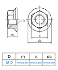 Diagram showing dimensions of 8 Pieces M10 X 1.25 Serrated Flange Nuts Hex Lock Nut Fine Thread Stainless Steel 304