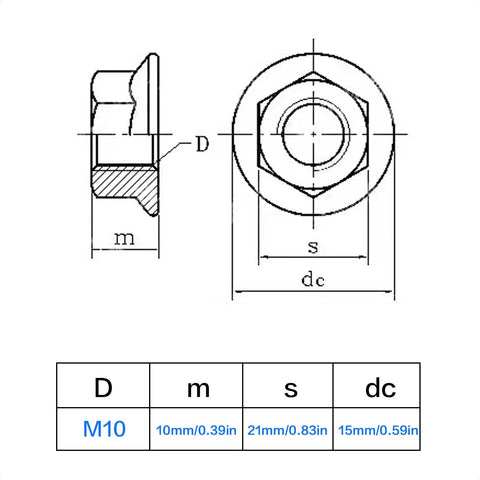 Diagram showing dimensions of 8 Pieces M10 X 1.25 Serrated Flange Nuts Hex Lock Nut Fine Thread Stainless Steel 304