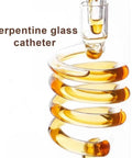 Serpentine glass catheters with twisted design for liquid flow; perfect for brewing or infusion applications.