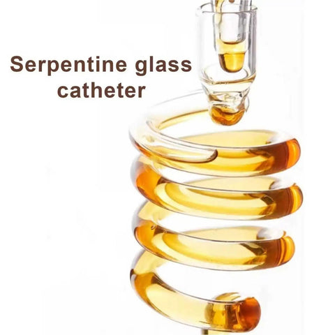 Serpentine glass catheters with twisted design for liquid flow; perfect for brewing or infusion applications.