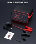 Hardcore 4500 Amps 12V Portable Jump Starter For Cars Boats And Lawnmowers Straight Up Heavy Duty Emergency Booster Pack components in box including cables and user manual.