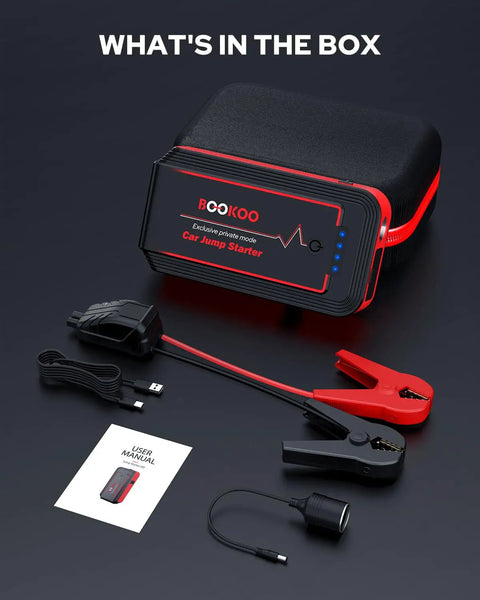Hardcore 4500 Amps 12V Portable Jump Starter For Cars Boats And Lawnmowers Straight Up Heavy Duty Emergency Booster Pack components in box including cables and user manual.