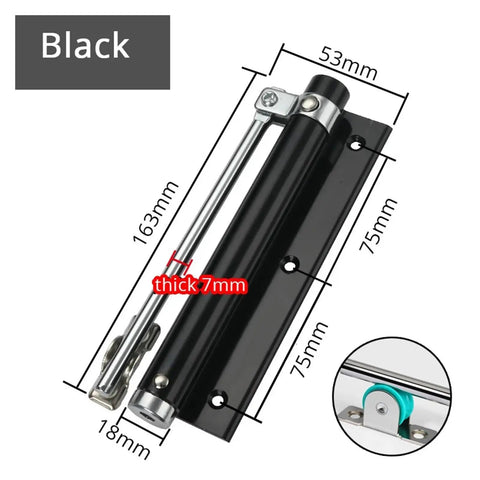 Diagram of Adjustable Door Closer With Auto Spring Soft Close, Quiet, Easy Install Indoor Door Hardware In Black with dimensions.
