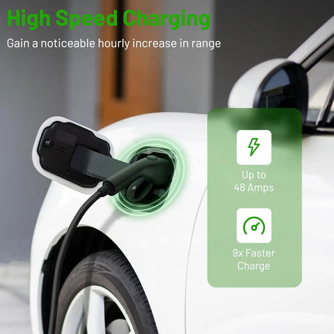 Level 2 EV Charger For Home Use Up To 48 Amp 240V Indoor Outdoor Fast Charging Station plugged into white electric car