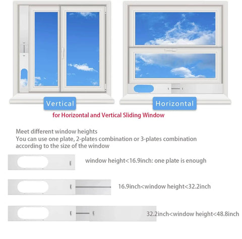 Diagram showing All In One Portable AC Window Kit With 5.1 Inch Exhaust Hose For Sliding Or Fixed Windows No Sweat Vent Panel installation guide.