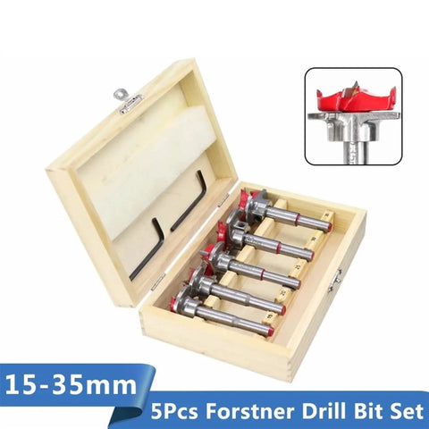 No Sweat Adjustable Wood Hole Cutter Forstner Drill Bit Set With Carbide Tipped Boring Tool 15 To 35 Millimeter Range in wooden case.