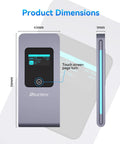 No Fuss Portable M.2 NVMe SATA SSD Enclosure USB 3.2 Type C 10Gbps showing product dimensions and touch screen display.