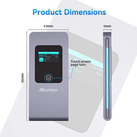 No Fuss Portable M.2 NVMe SATA SSD Enclosure USB 3.2 Type C 10Gbps showing product dimensions and touch screen display.